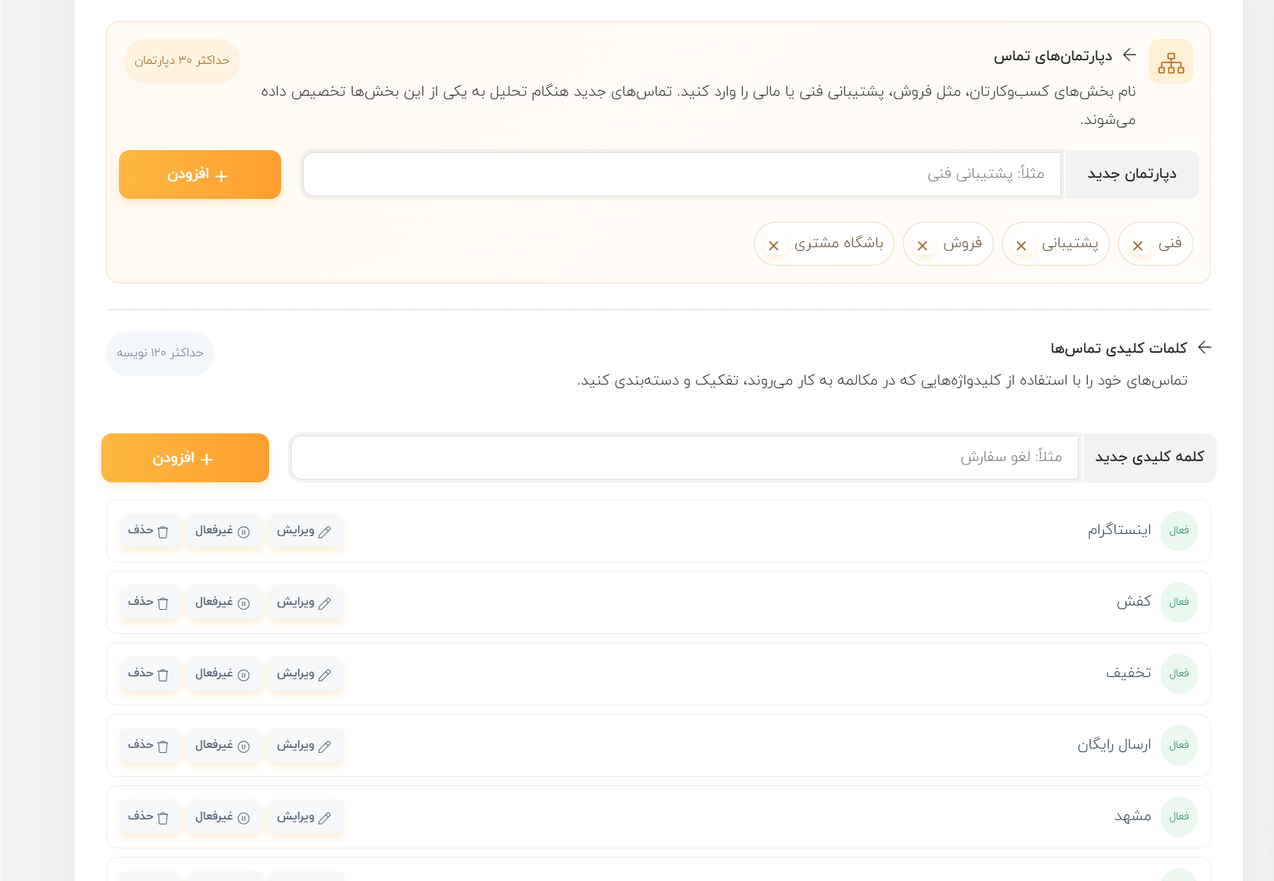 نمای کلمات کلیدی تماس در پنل تلفنچی